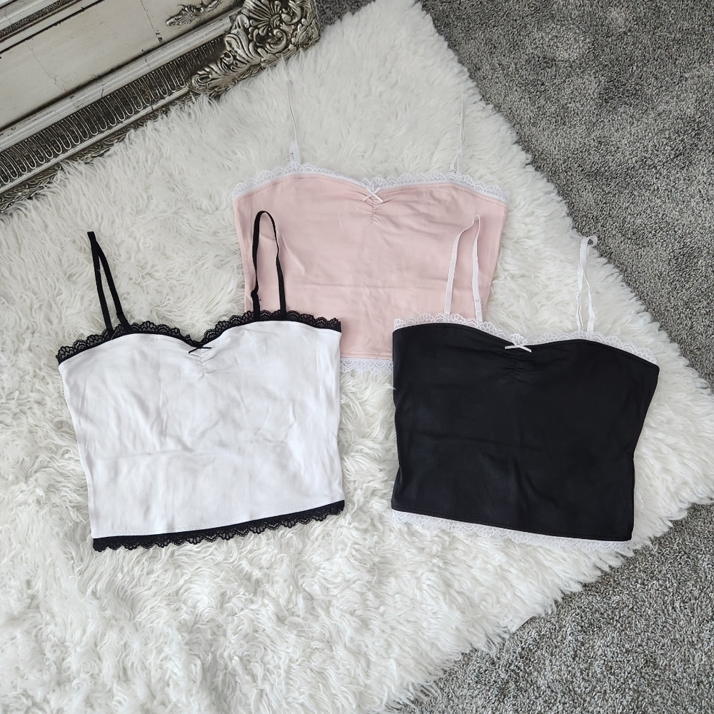 Charlotte Russe crop spaghetti straps lace trim cami tops. Pink-Black-Wh…